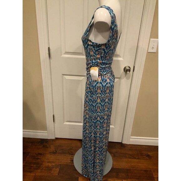 Vanessa Virginia Blue White Orange Geometric Long Maxi Dress Size Medium Petite - Picture 4 of 7